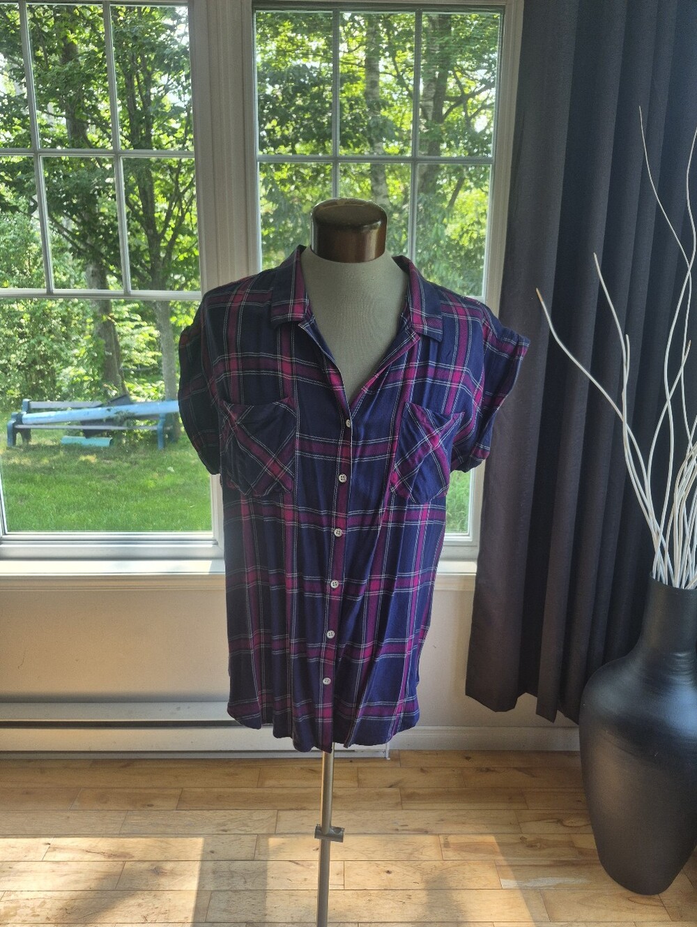 JACHS Girlfriend Purple and Pink Plaid Button-Down Shirt
